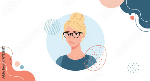 Stylized portrait of a smiling woman with blonde hair and glasses set against a modern abstract pastel background.