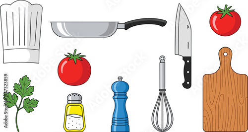 Cooking and Kitchen Tools Icons Set with Chef Hat, Knife, Pan, Tomatoes, and Cutting Board for Websites, Apps, and Digital Media
