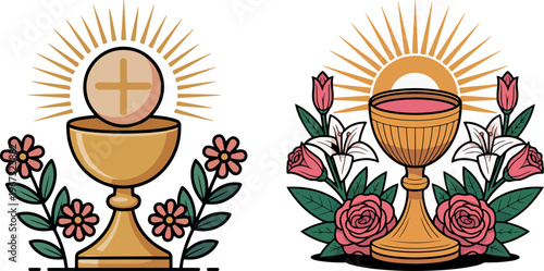 Religious chalice with host and flowers vector illustration