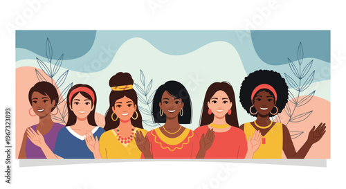 Group of diverse women from different ethnicities stand together waving and smiling to promote global unity and sisterhood.