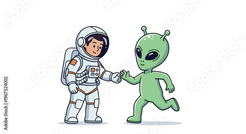 Friendly meeting in space features an astronaut shaking hands with a green alien representing interstellar peace and discovery.