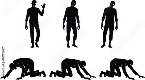 Collection of scary zombie silhouettes with glowing eyes, black undead character vector elements isolated on white background for Halloween horror design.