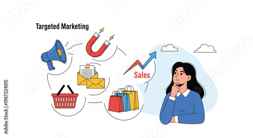 Thinking woman develops a targeted marketing strategy with icons for sales growth, megaphone announcements, and email campaigns.