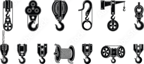 Heavy industrial lifting equipment set, pulley block system, crane hook icons, winch drum with rope, mechanical hoisting tools for construction and engineering projects