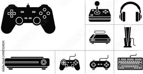 Diverse collection of gaming hardware illustrations representing digital entertainment, recreational hobbies, and interactive play culture