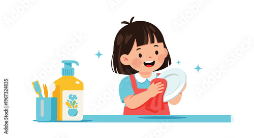 Smiling young girl carefully washes a plate at the kitchen counter with soap and toothbrushes nearby to show domestic responsibility.