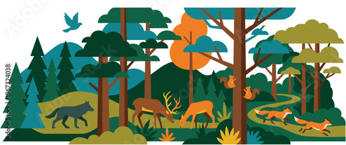 Wildlife forest landscape with deer wolf fox and squirrels in nature.