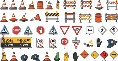 Construction barriers and traffic cones.