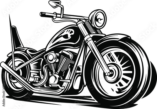 Classic cruiser motorcycle illustration, vintage chopper drawing, bold mechanical details, skull emblem fuel tank, biker art, retro bike sketch, freedom, adventure
