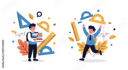 Cheerful schoolboys celebrate their education with stacks of books and giant school supplies like rulers and protractors.