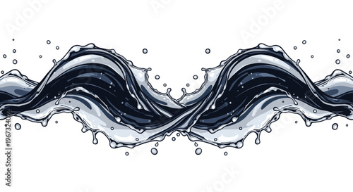 Powerful splash of dark blue water or liquid forms a symmetrical and dynamic wave pattern against a white background.