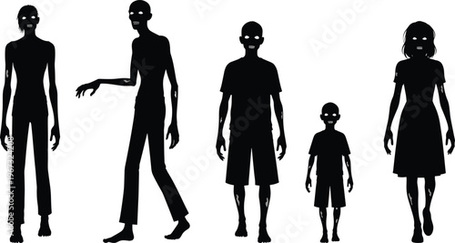 Collection of scary zombie silhouettes with glowing eyes, black undead character vector elements isolated on white background for Halloween design.