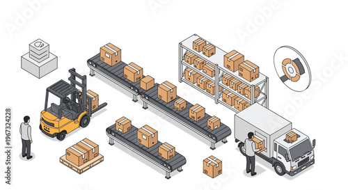 Detailed isometric view of a busy warehouse operation with conveyor belts forklift trucks and workers handling packages.