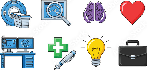 Medical and Healthcare Technology Icons Set with MRI Scanner, Brain, Heart, Lightbulb, and First Aid for Websites, Apps, and Digital Media