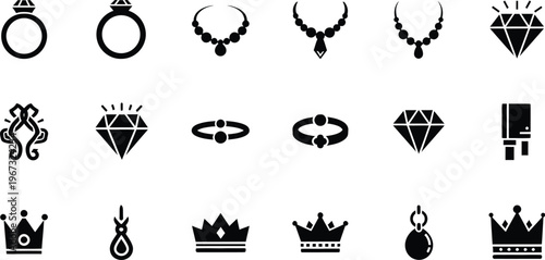 Elegant collection of luxury jewelry icons featuring rings, necklaces, bracelets, diamonds, and crowns, perfect for sophisticated design projects
