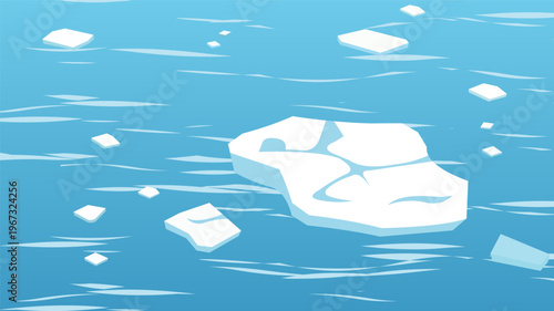 Simple cartoon Arctic seascape with floating ice formations on a calm, frozen ocean, clean vector artwork.