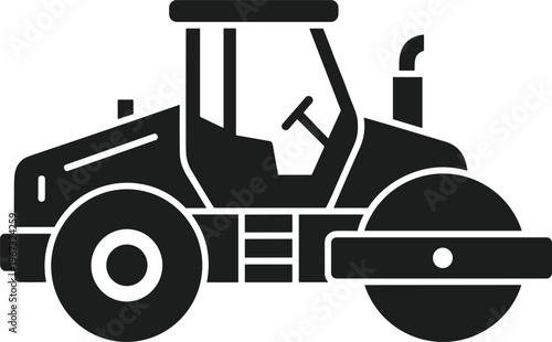 Road roller vector icon, heavy construction machine for asphalt paving, industrial steamroller silhouette, soil compactor vehicle for highway building and civil engineering works