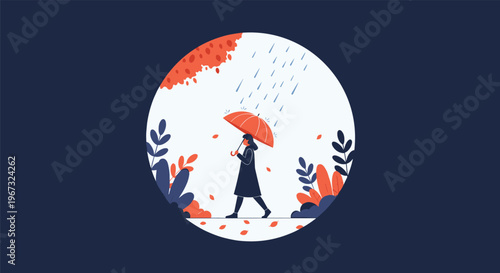 Young woman walking through an autumn park with a bright orange umbrella while rain falls softly against a background of colorful leaves and plants.
