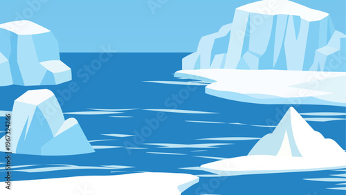 Vector illustration of a stylized Arctic scene with frozen seas and massive icebergs rising above the water.
