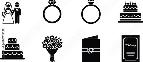 Wedding Icons Vector Set Bride and Groom, Rings, Cakes, Bouquet, Invitation and Save the Date Card