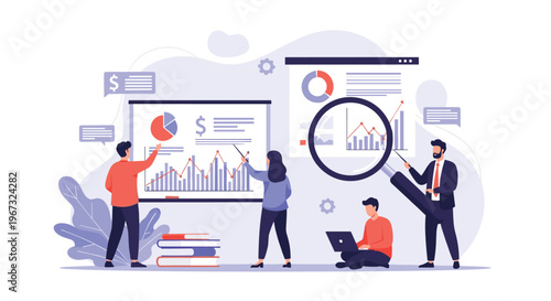 Professional business analytics team evaluates data charts and graphs using a giant magnifying glass to find growth trends.