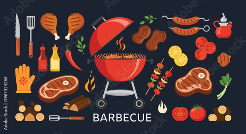 Extensive set of barbecue icons includes a red grill meat steaks chicken wings sauces and various cooking utensils.