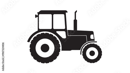 Tractor silhouette with large rear wheels and a cab for the driver, isolated on white background for agricultural transport.
