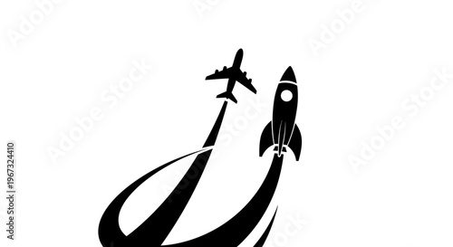 Airplane and Rocket Launching Together into the Sky.