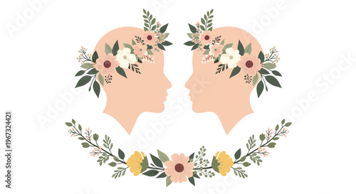 Artistic silhouettes of two heads facing each other adorned with beautiful floral wreaths for nature and beauty themes.