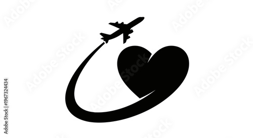 Airplane flying around a heart, symbolizing travel and love.