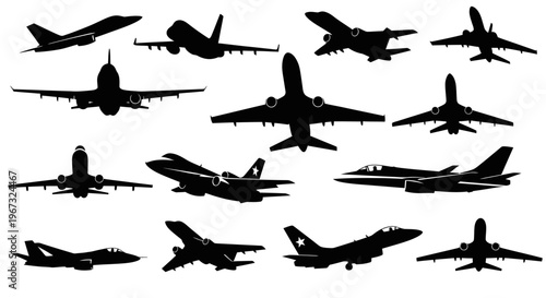 Collection of various airplane silhouettes in different flight positions.