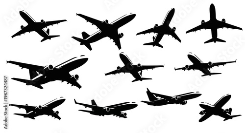 Collection of various airplane silhouettes in different flight positions.