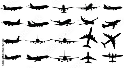 Collection of various airplane silhouettes in different flight positions.