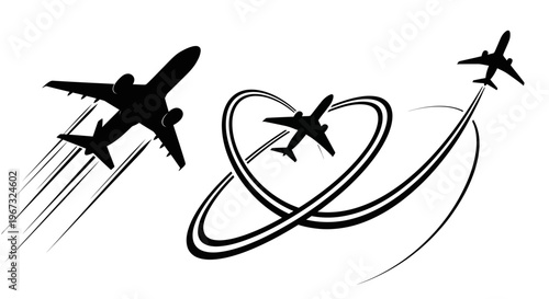 Airplane silhouettes with flight trails symbolizing travel and aviation.