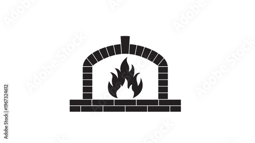 Fireplace brick icon with flames burning inside and a chimney on white background. featuring fire, flame, hearth with heat and warmth elements for