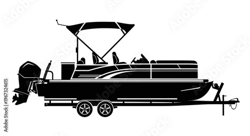 Pontoon boat with trailer silhouette on white background.