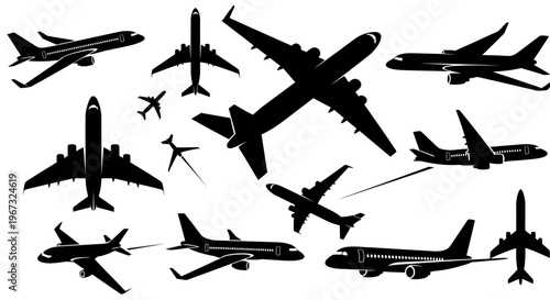 Collection of various airplane silhouettes in different flight positions, showcasing the diversity of aircraft in the sky.