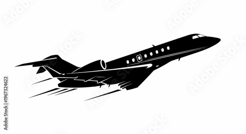 Private jet taking off, black silhouette against white background.
