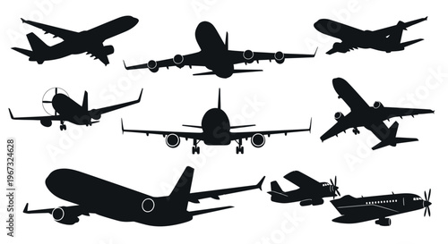 Collection of various airplane silhouettes in different flight positions.