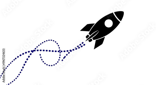 Rocket launch with dotted trajectory path on white background.