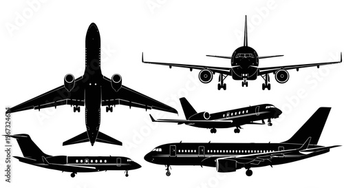 Collection of various airplane silhouettes in different orientations.