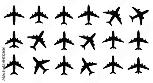 Collection of various airplane silhouettes in different orientations.