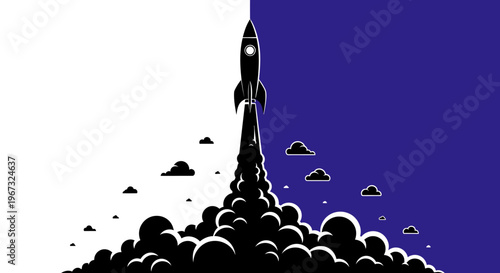 Rocket Launching into Space with Smoke and Clouds.