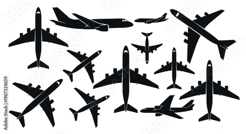 Collection of various airplane silhouettes in different orientations.