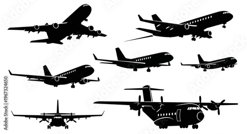 Collection of various airplane silhouettes in flight.