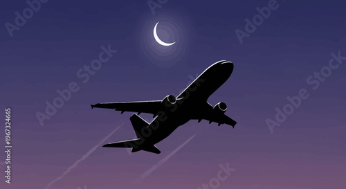 Airplane taking off at dusk with a crescent moon in the sky.