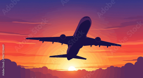 Airplane taking off at sunset with vibrant sky.