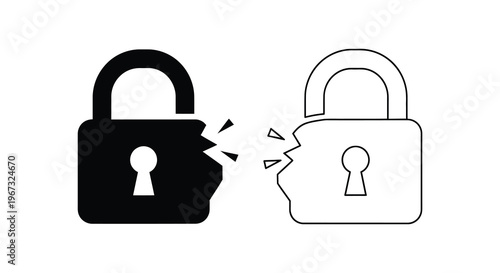 Two padlock symbols one broken representing security and access silhouette