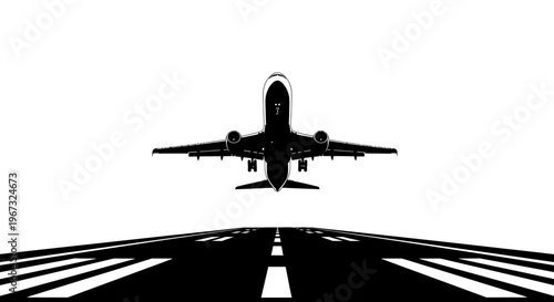 Airplane taking off from runway in black and white silhouette.