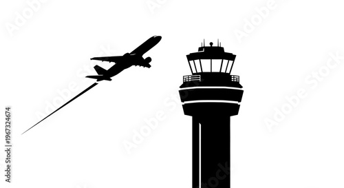 Silhouette of an airplane taking off from an airport with a control tower in the foreground.